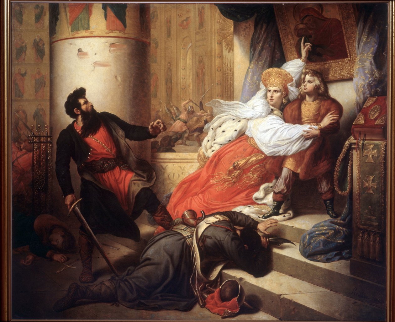 A Mãe resgatou Pedro I como Criança durante a Revolta de Streltsy de 1682 (Nathalie Narychkine, Natalia Narychkina) (1651-1694). Pintado de Charles Auguste Steuben