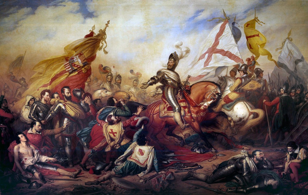 Guerras de religião (1562-1598): "Rei Henrique IV da França (1553-1610) na Batalha de Ivry em 14/03/1590" O exército real ganhou contra o exército da Liga Católica. Detalhe do quadro de Charles de Steuben (1788-1856) Sol do século XIX. 4,2x8,1 m - Espera de Charles Auguste Steuben
