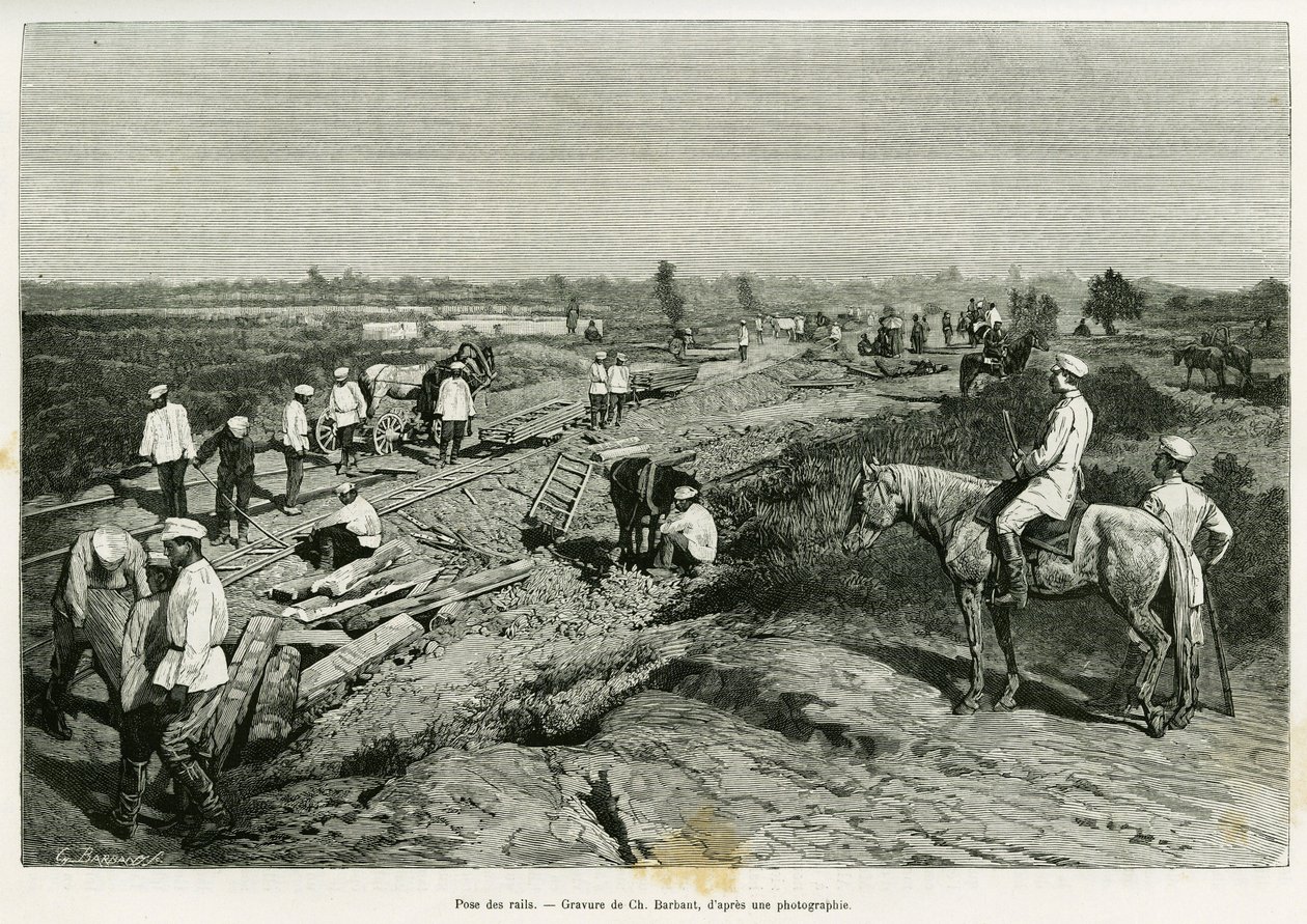 A colocar os carris transcaspianos. Gravura de Ch. Barbant para ilustrar a história Voyage a Merv, de Edgar Boulanger, em le tour du monde 1887, dirigido por Edouard Charton (1807-1890), Hachette, Paris. de Charles Barbant