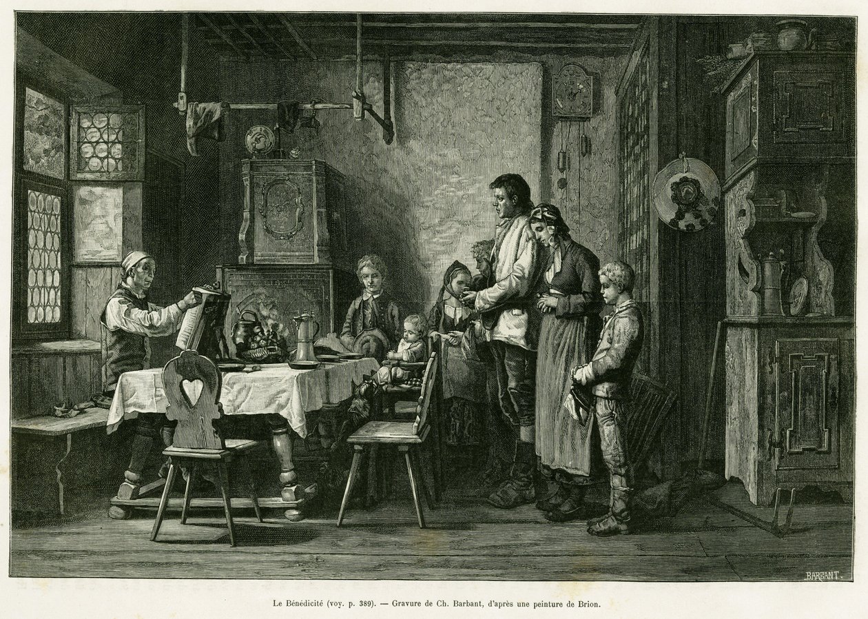 O benedicto. Gravura de Barbant depois de uma pintura de Brion, para ilustrar a história A Through Alsace and Lorraine, de Charles Grad, deputado alemão, em 1884, no tour du monde 1886, dirigido por Edouard Charton (1807-1890), Hachette, Paris. de Charles Barbant