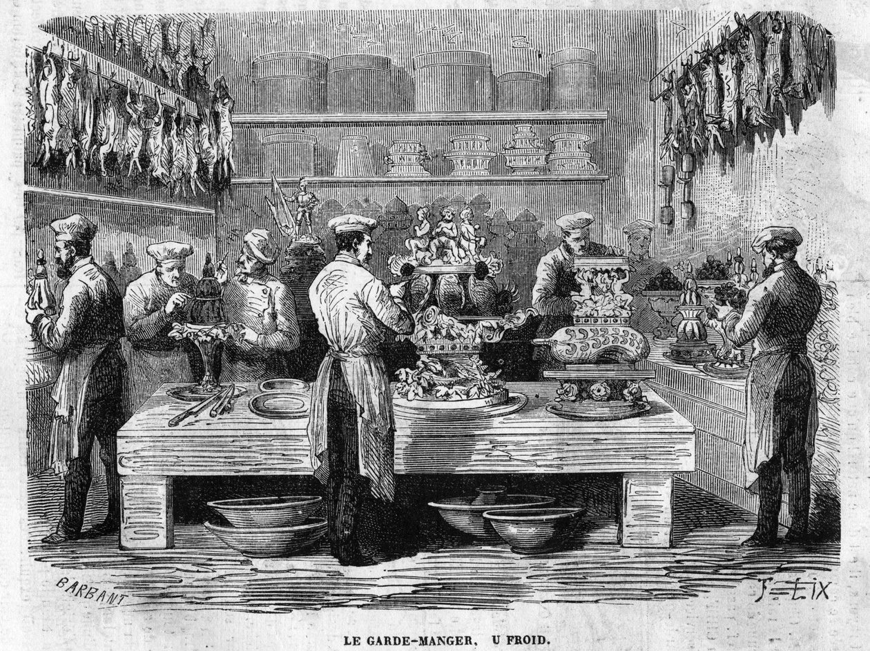 A guarda fria das cozinhas do Palais des Tuileries, em 1864, durante uma recepção sob o Segundo Império. Gravura ardente de Charles Barbant
