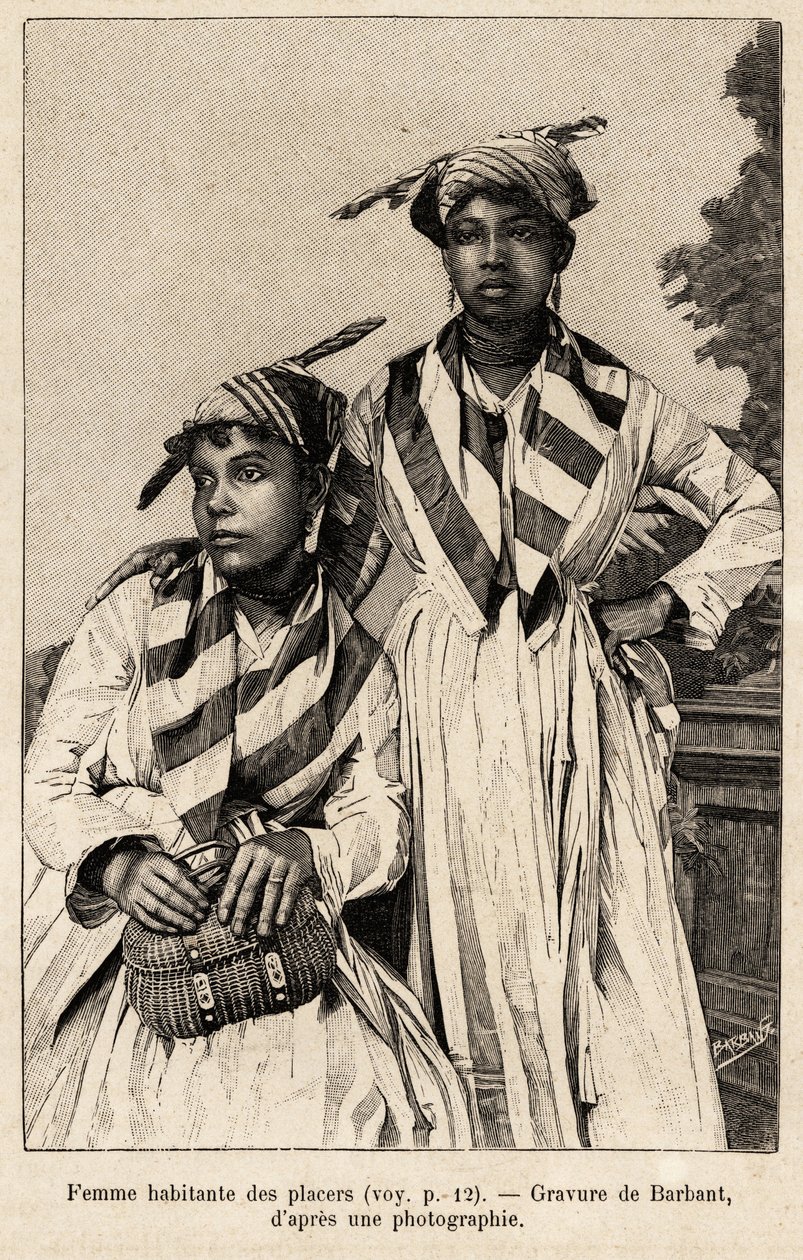 Mulheres a viverem em colocações, depósitos minerais. Gravação de Barbant para ilustrar a história "chez nos indiens, quatre annees de voyage dans la Guiane francaise". de Charles Barbant