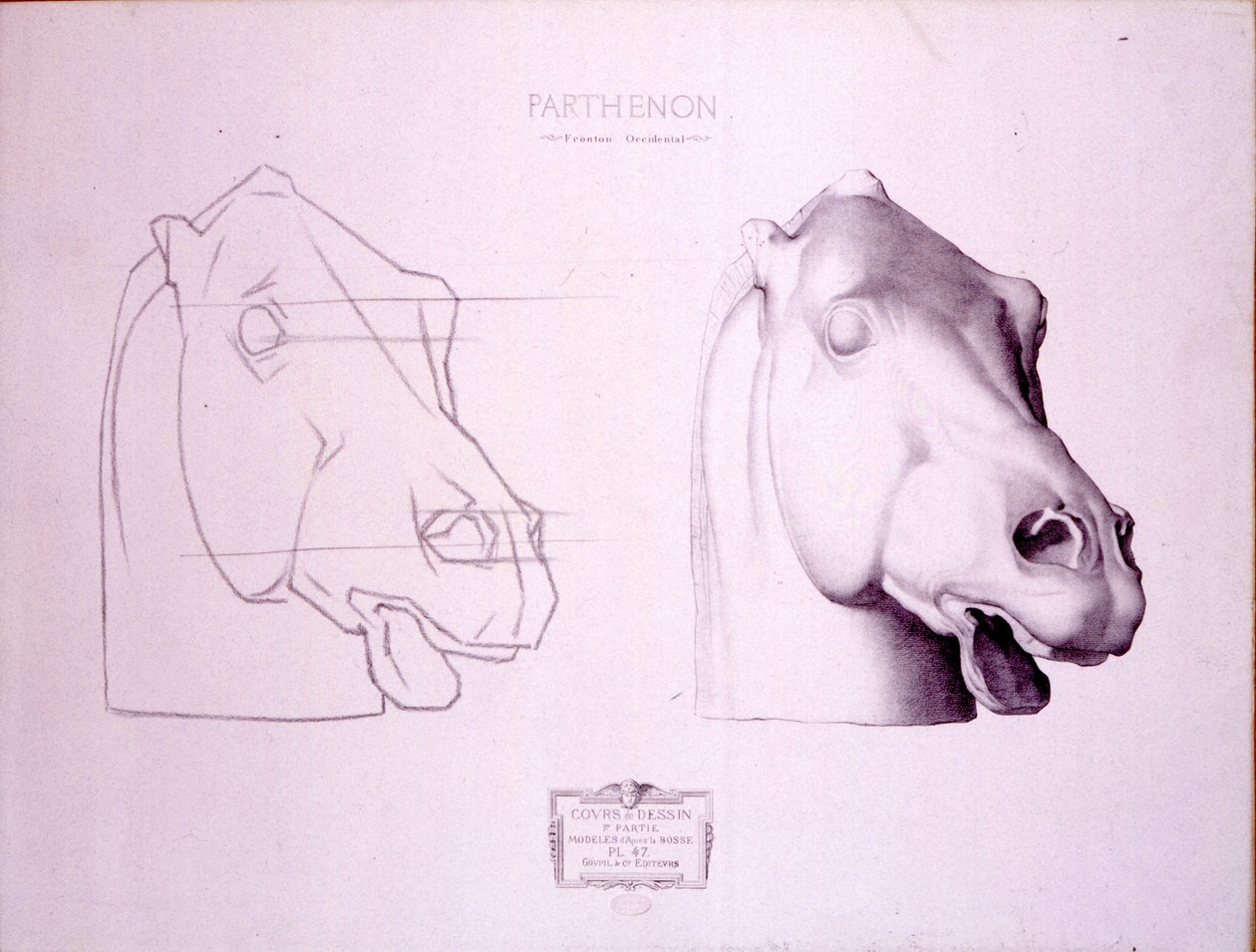 Cabeça de cavalo do Frontão Ocidental do Partenon, placa 47 de Cours de Dessin, c.1898 de Charles Bargue