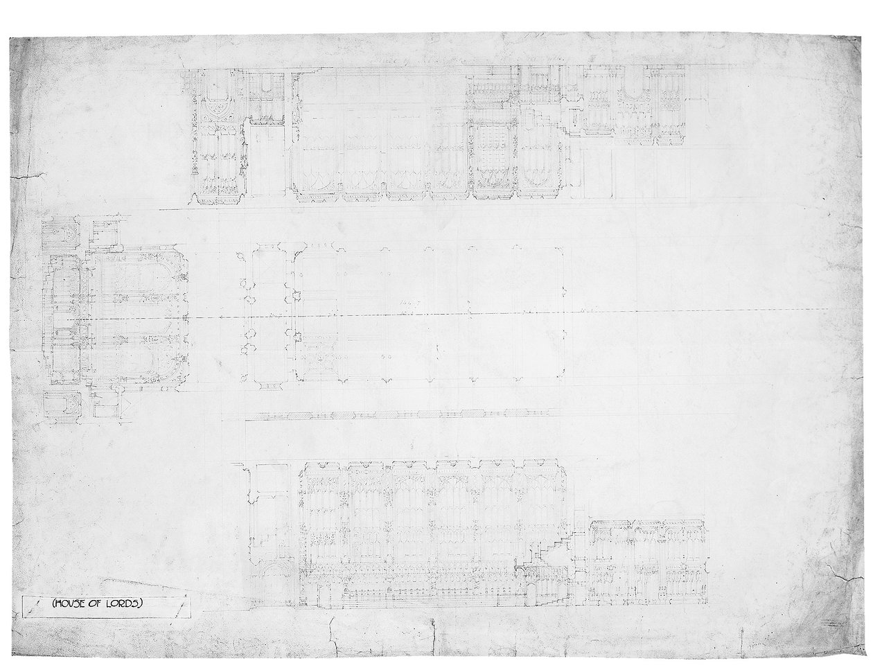 Projeto para as elevações leste, oeste e norte da Câmara dos Lordes, c.1842 (lápis sobre papel) de Charles Barry