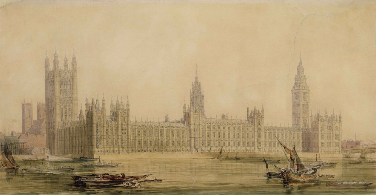 Perspectiva Vista das novas Casas do Parlamento, c.1840s (wc sobre grafite, guache, caneta e tinta sobre papel) de Charles Barry