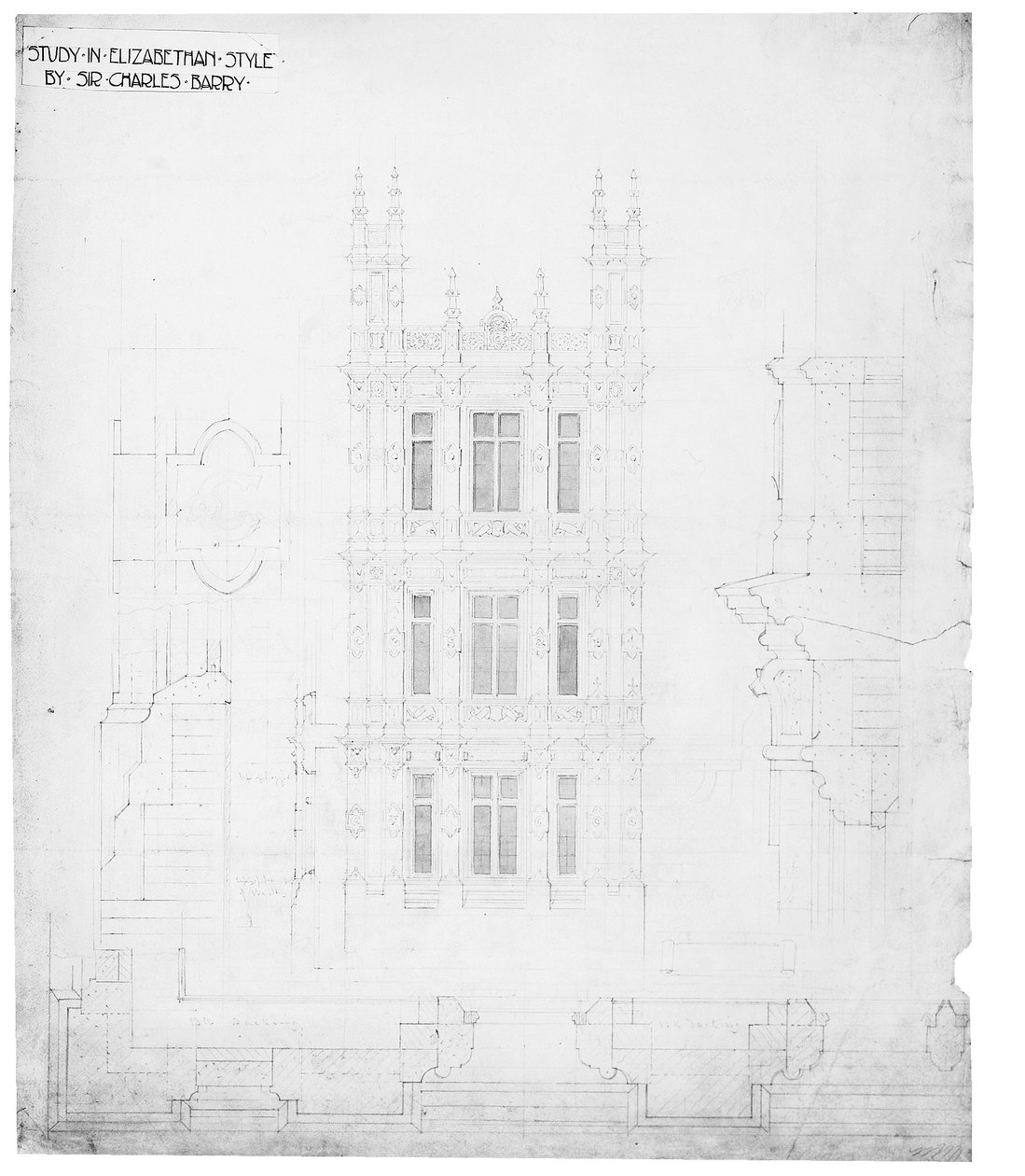&39;Study in Elizabethan Style&39;, desenho para as Casas do Parlamento, c.1836-40 (caneta e tinta no papel) de Charles Barry