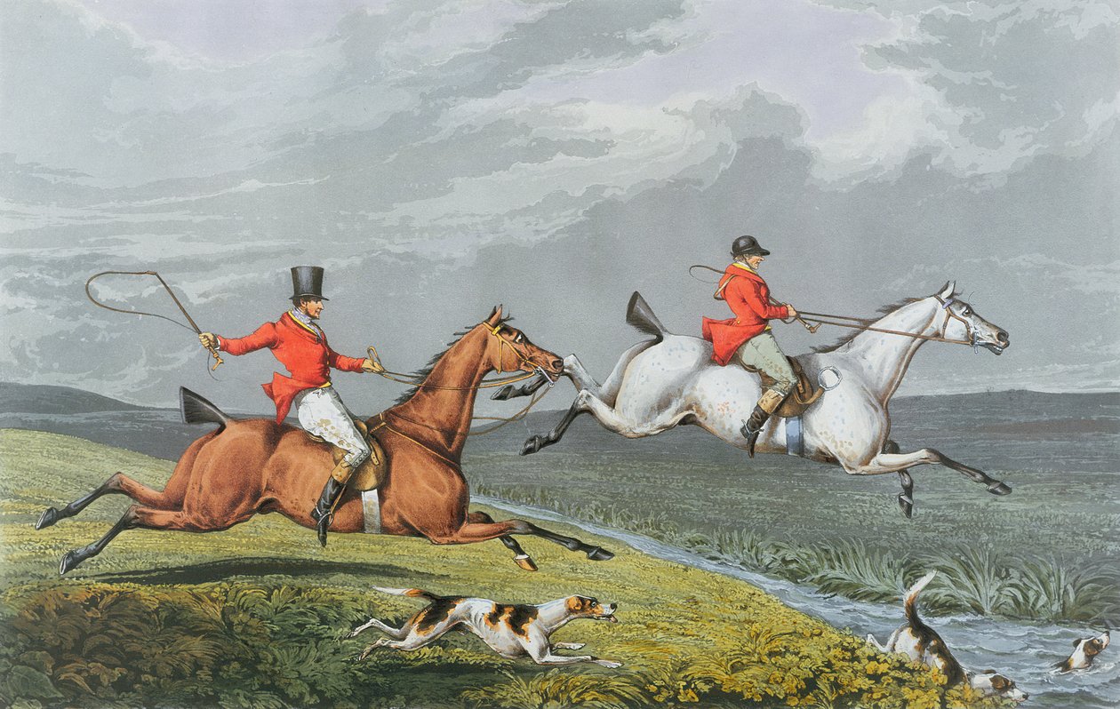 Caça à raposa: Full Cry, 1828 (aquatinta colorida à mão) de Charles Bentley