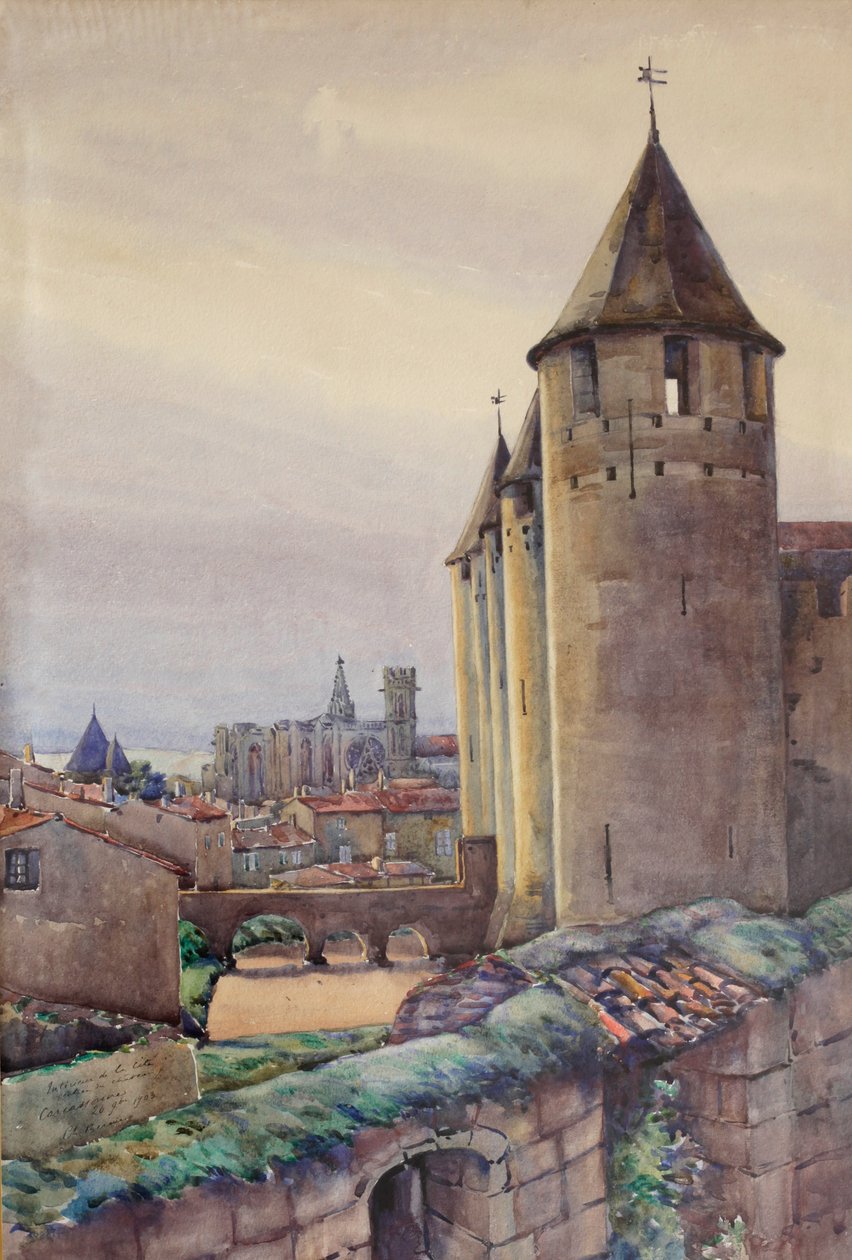Interior da cidade de Carcassonne, c.1904 (aquarela) de Charles Bernier