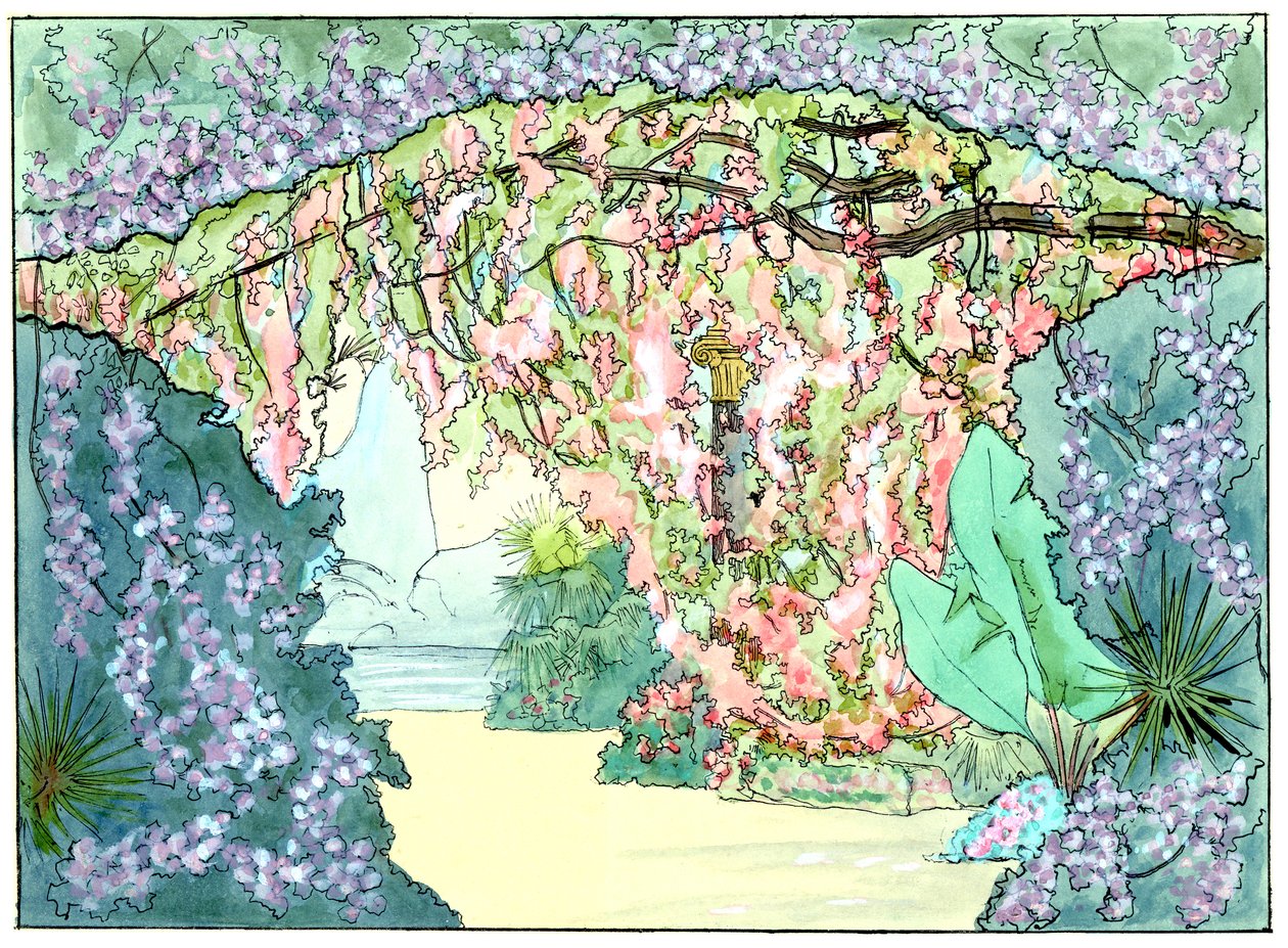 Massenet - Esclarmonde - Cenário de Charles Bianchini - Ato 2, cena 1, descida da cortina das rosas - desenho de G. Stein, 1889 (b) de Charles Bianchini