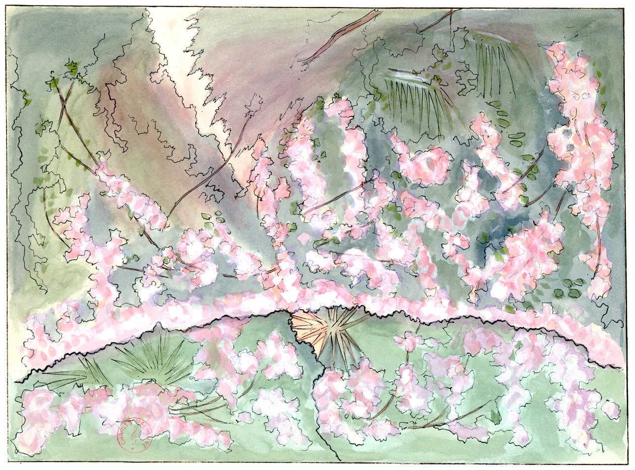 Massenet - Esclarmonde - Cenário de Charles Bianchini - Ato 2, cena 1, descida da cortina das rosas - desenho de G. Stein, 1889 (c) de Charles Bianchini