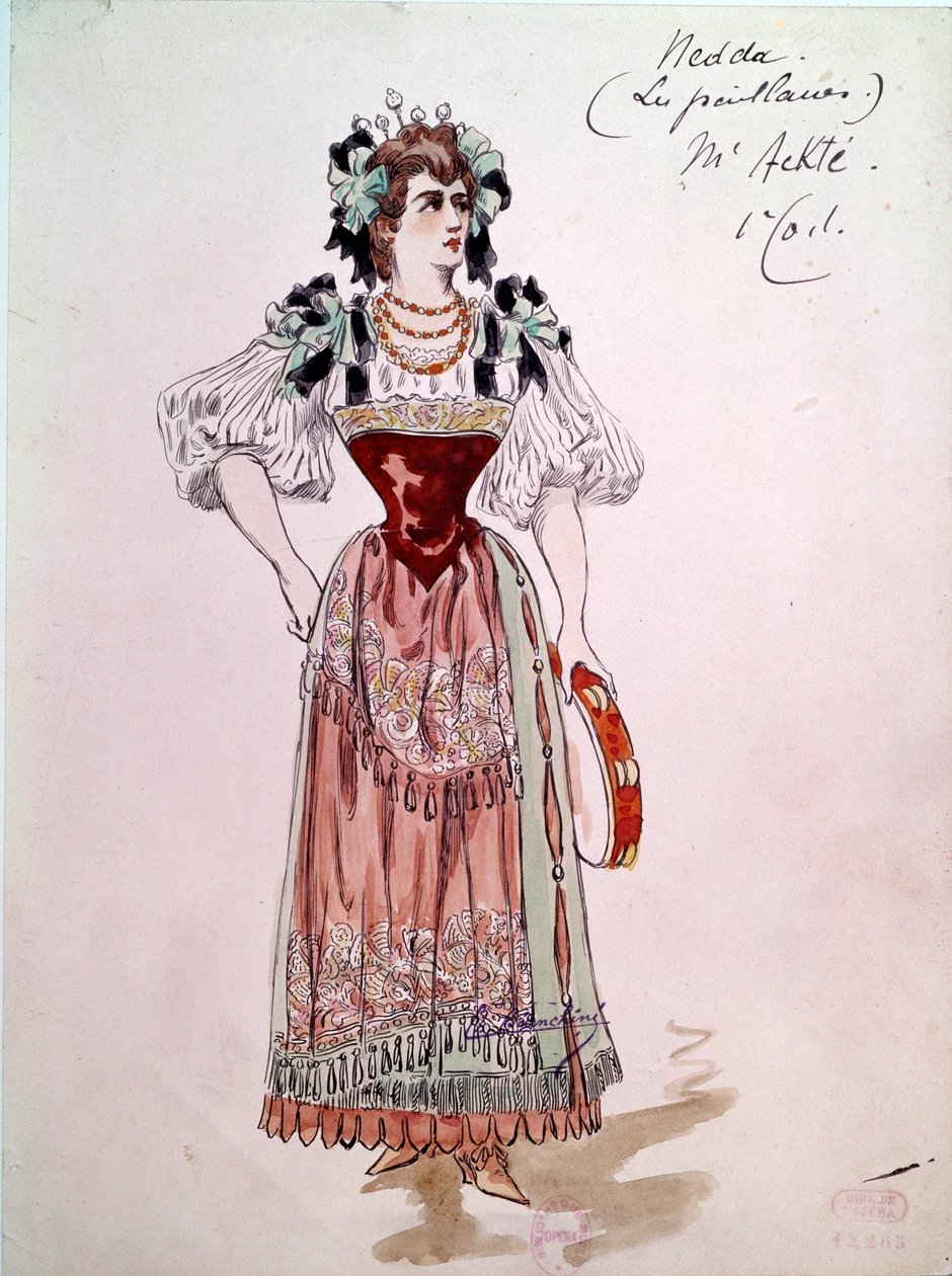 Fato Nedda ou Colombine para a ópera "Paillasse" (pagliacci, palhaços) de Ruggero Leoncavallo (1857-1919) de 1892. Aquarela de Charles Bianchini (1860-1905) de Charles Bianchini