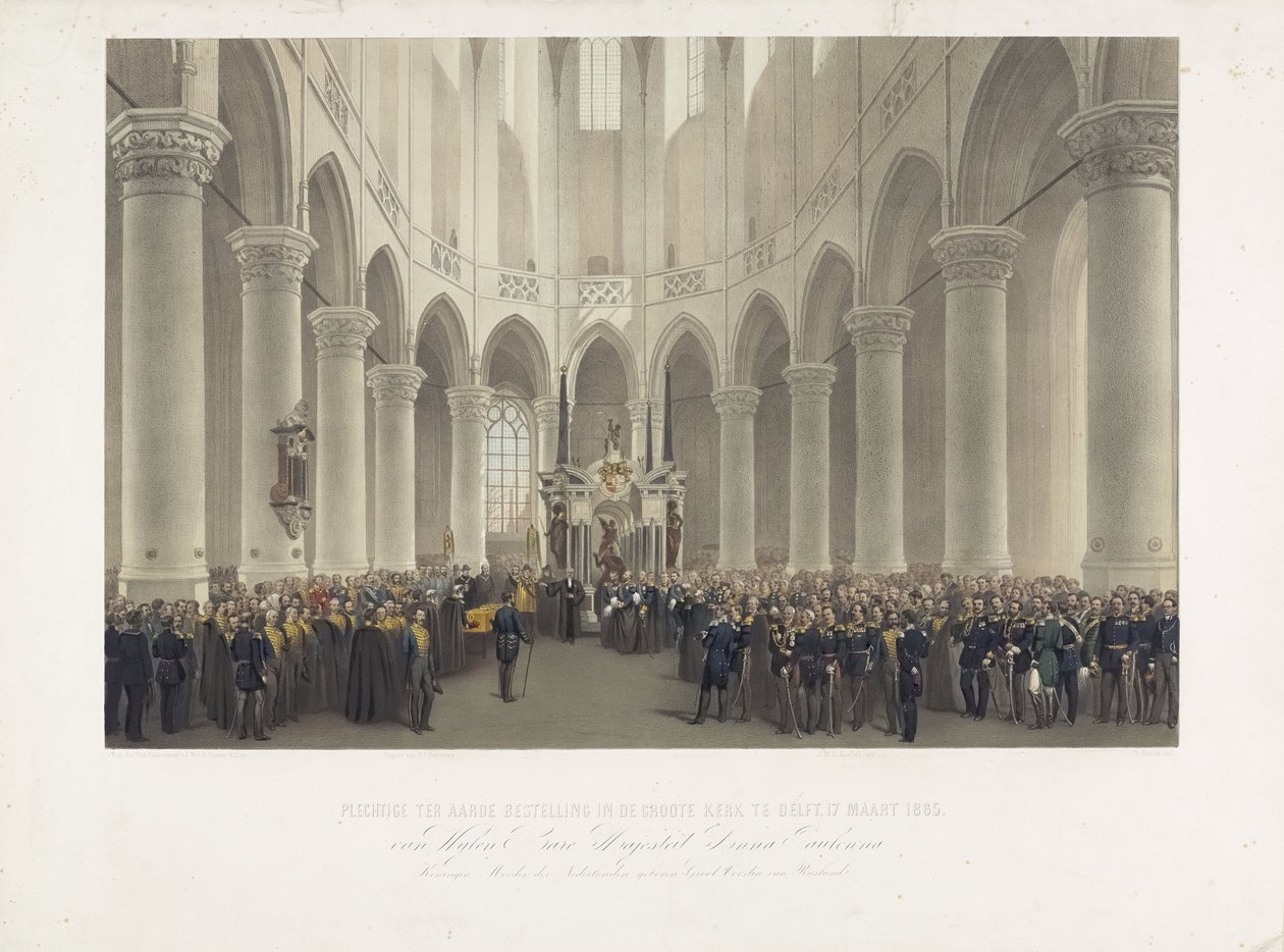 Enterro solene no Groote Kerk em Delft, 17 de março de 1865, da falecida Sua Majestade Anna Pavlovna Rainha Mãe dos Países Baixos nascida Grã-Princesa da Rússia (título no objeto) de Charles Billoin
