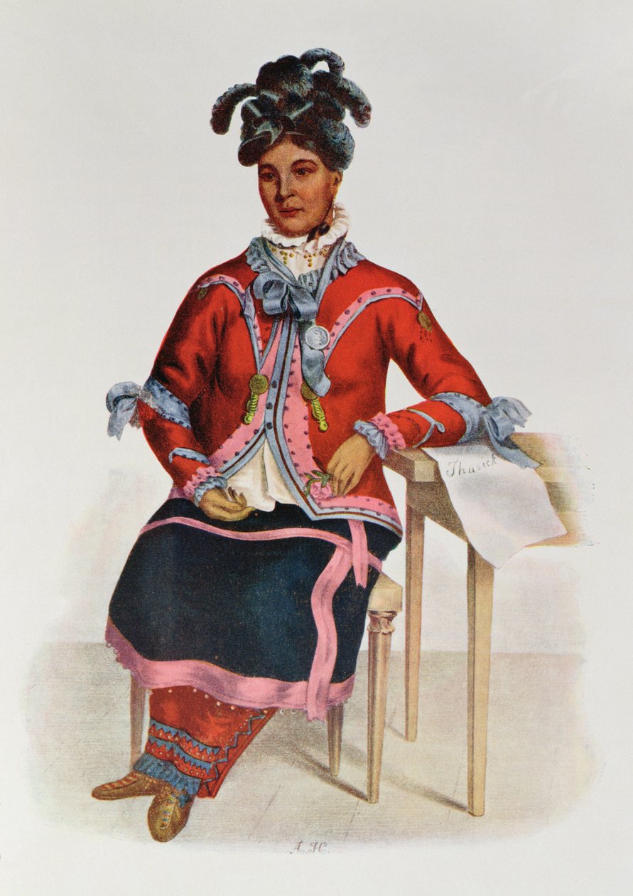 Tshusik, uma mulher Chippeway, 1827, ilustração "dos tribos indianos de America do Norte, Vol.1", por Thomas L. McKenney e por James Salão, bar. John Grant de Charles Bird King