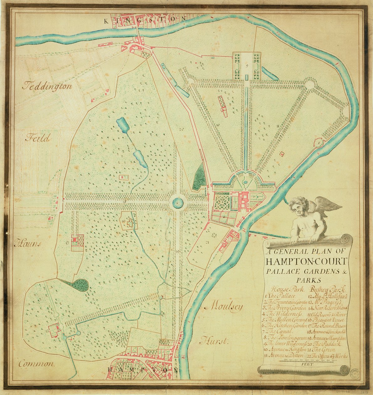 Um Plano Geral de Hampton Court Palace Jardins e Parques, c.1713 (caneta e tinta e wc no papel) de Charles Bridgeman
