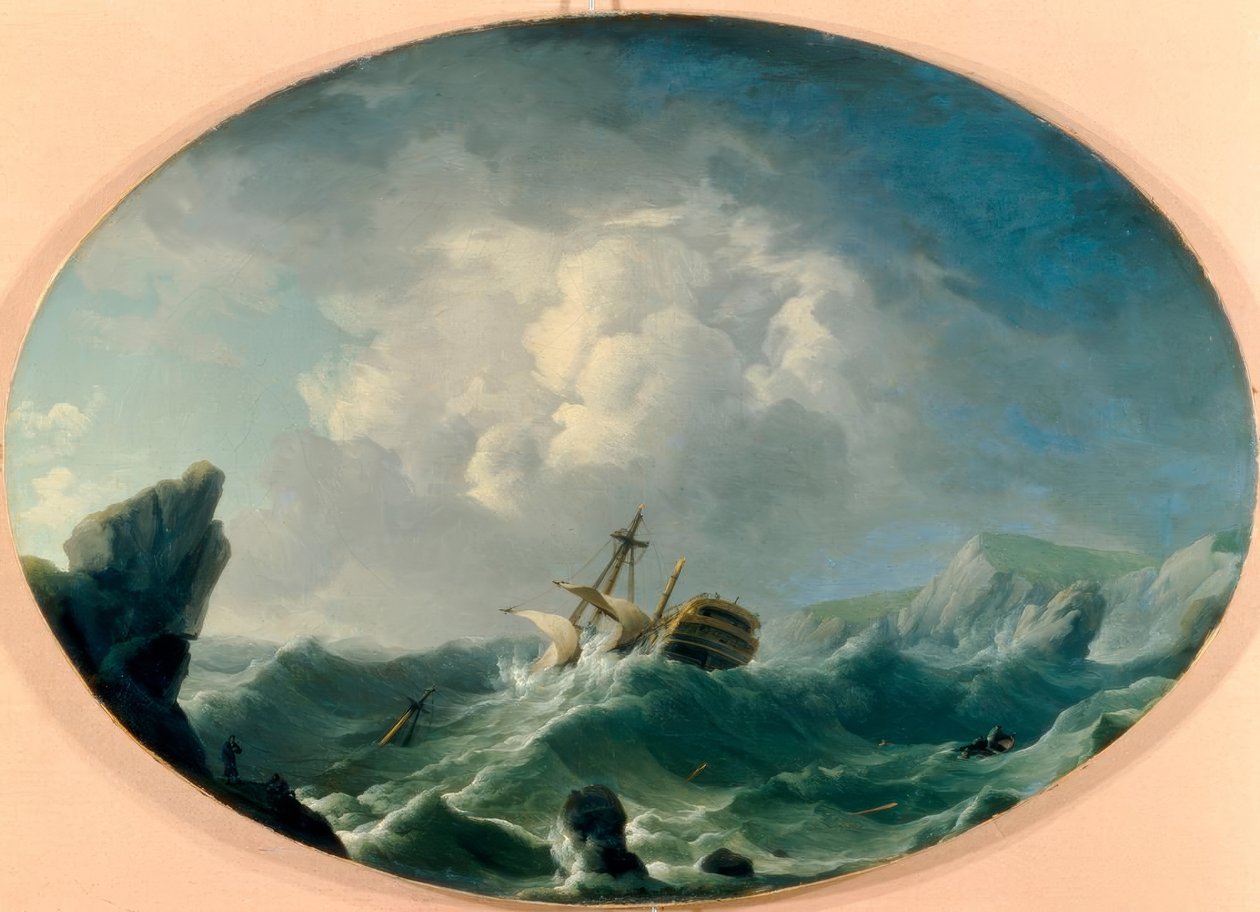 Um homem de guerra britânico em mares agitados ao largo de uma costa rochosa de Charles Brooking