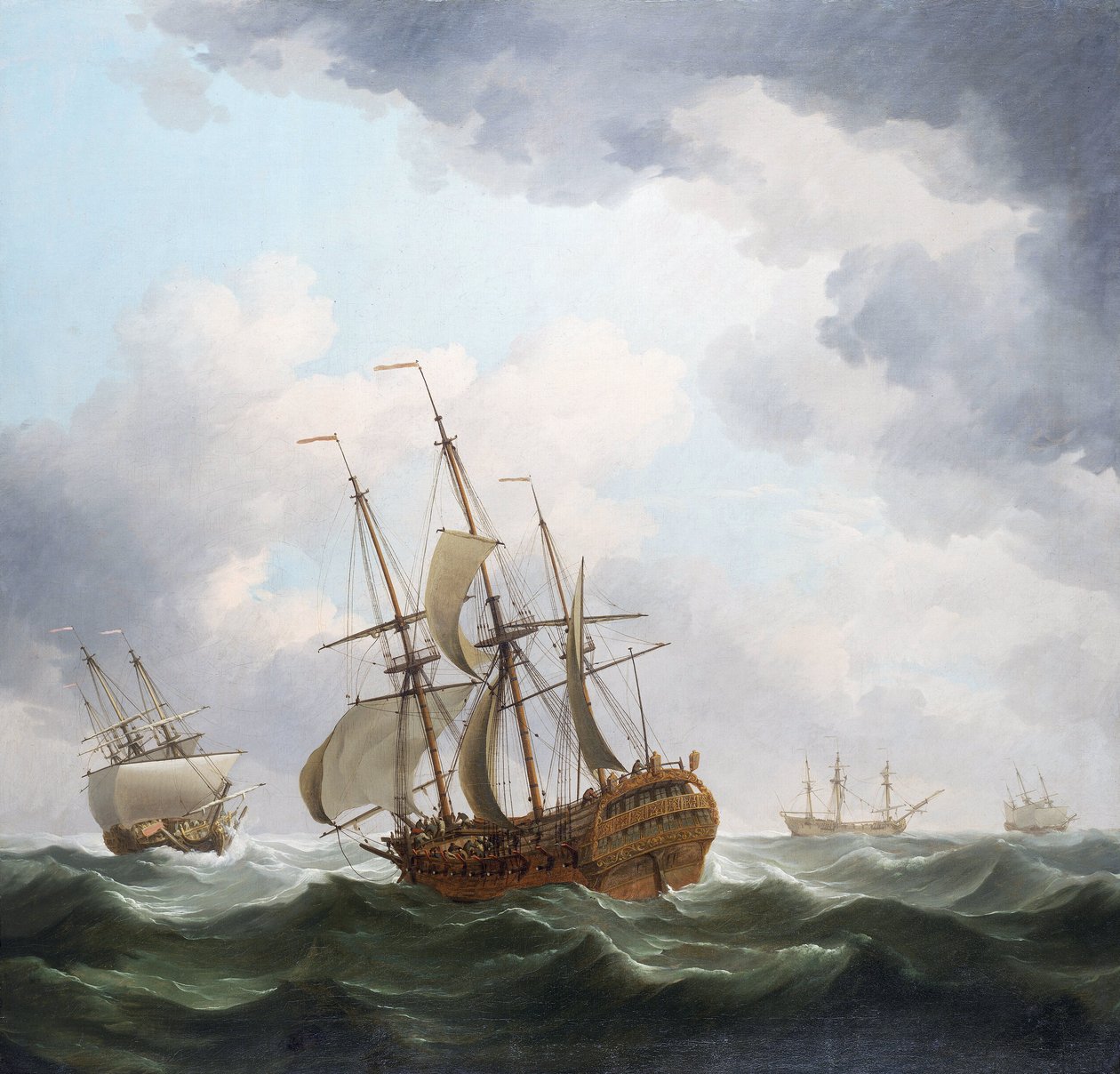 Um navio comercial britânico da Companhia das Índias Orientais, apanhado por um vento de tempestade. Óleo sobre tela de Charles Brooking