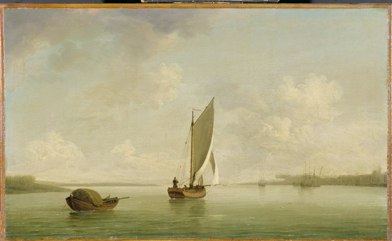 Um beijo à vela em uma brisa leve em um rio, c.1756-9 (óleo sobre tela) de Charles Brooking