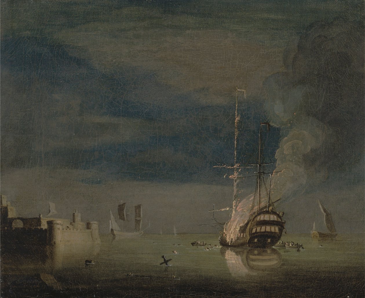 Um Dois Conveses em Chamas à Noite ao Largo de um Forte de Charles Brooking
