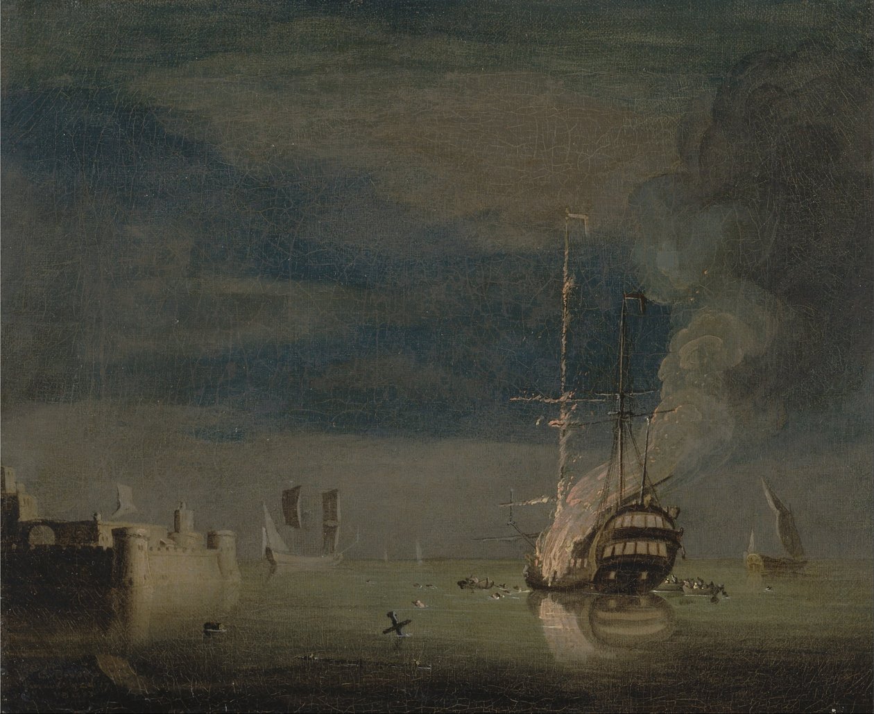 Um barco de dois andares em chamas à noite em um forte de Charles Brooking