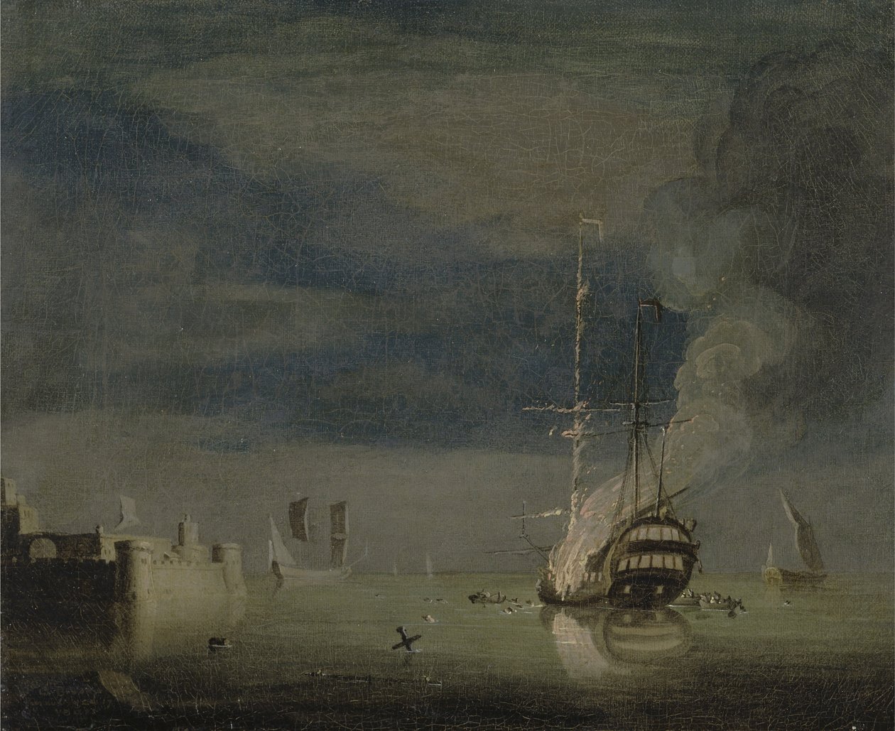 A Two-Decker on Fire at Night off a Fort, c.1740 (óleo sobre tela) de Charles Brooking