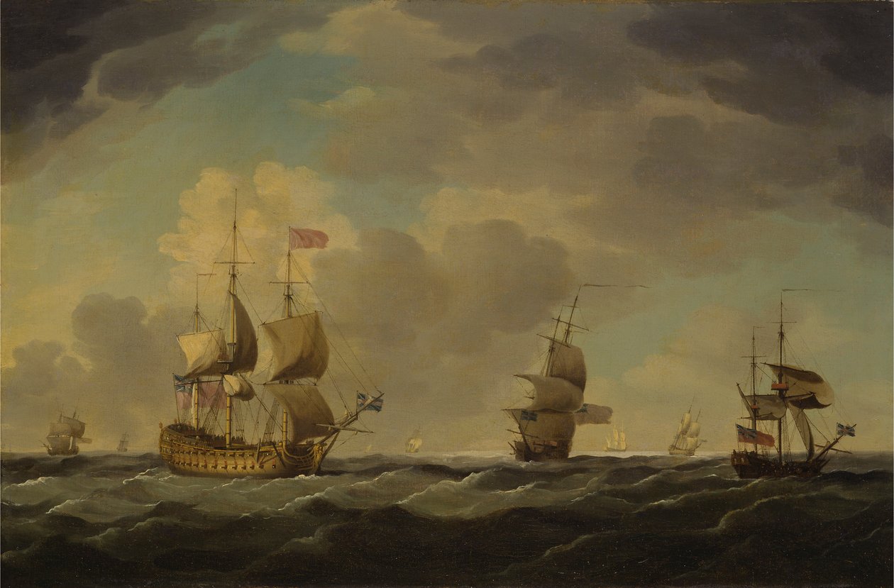 Um navio de bandeira inglês sob vela fácil numa brisa moderada de Charles Brooking