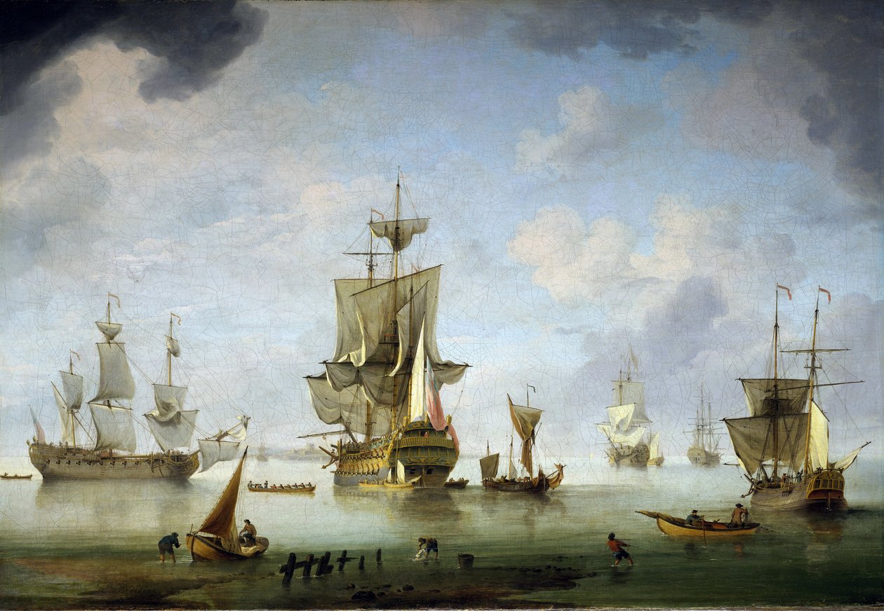 Ancoradouro em Solent, um trecho de mar entre a Ilha de Wight e a Inglaterra. Óleo sobre tela de Charles Brooking