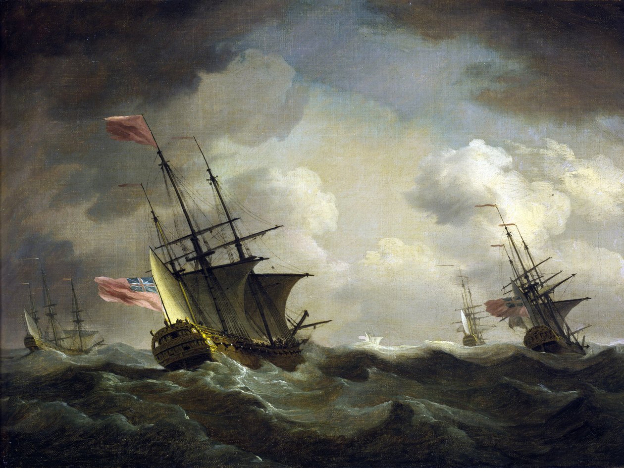Esquadra britânica apanhada pelo vento. Óleo sobre tela de Charles Brooking