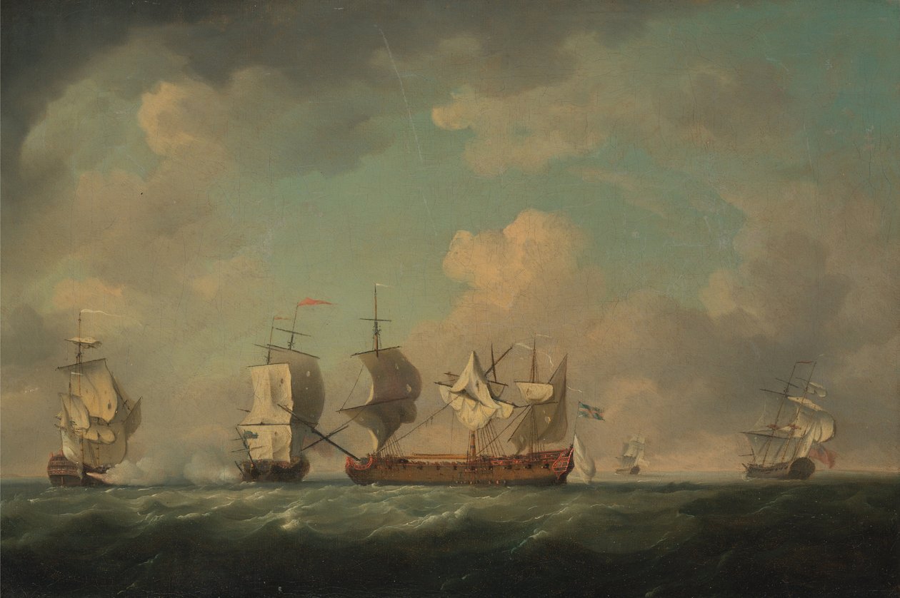 Captura dos navios de tesouro franceses Marquês dAntin e Louis Erasmé, entre 1745 e 1755 de Charles Brooking
