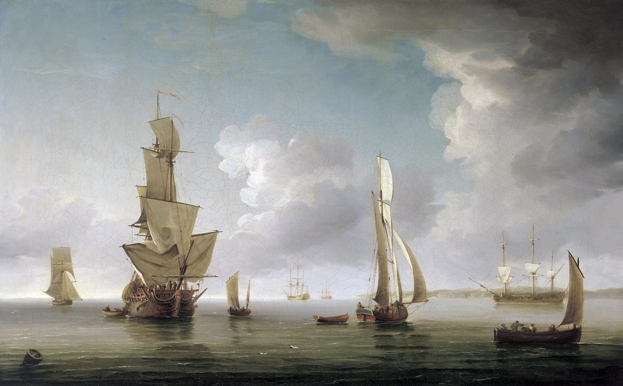 Navegação no estuário do Tamisa (Inglaterra), grande variedade de barcos e descrição da costa inglesa. Óleo sobre tela de Charles Brooking