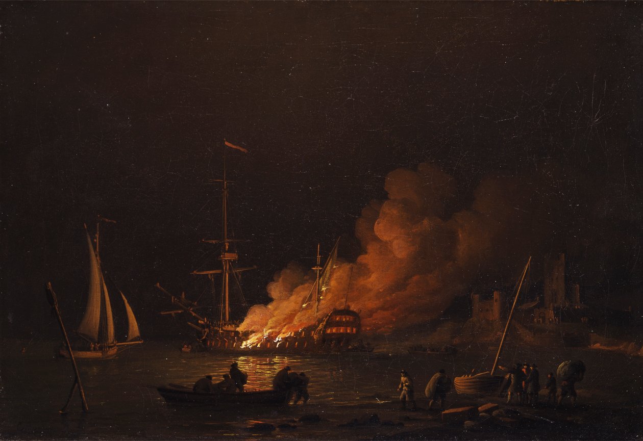 Navio em chamas à noite de Charles Brooking