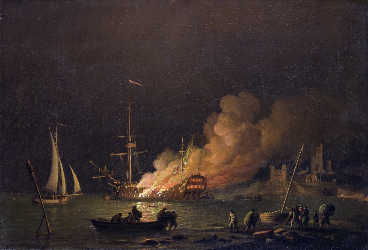 Navio em chamas à noite, c.1756 (óleo sobre tela) de Charles Brooking