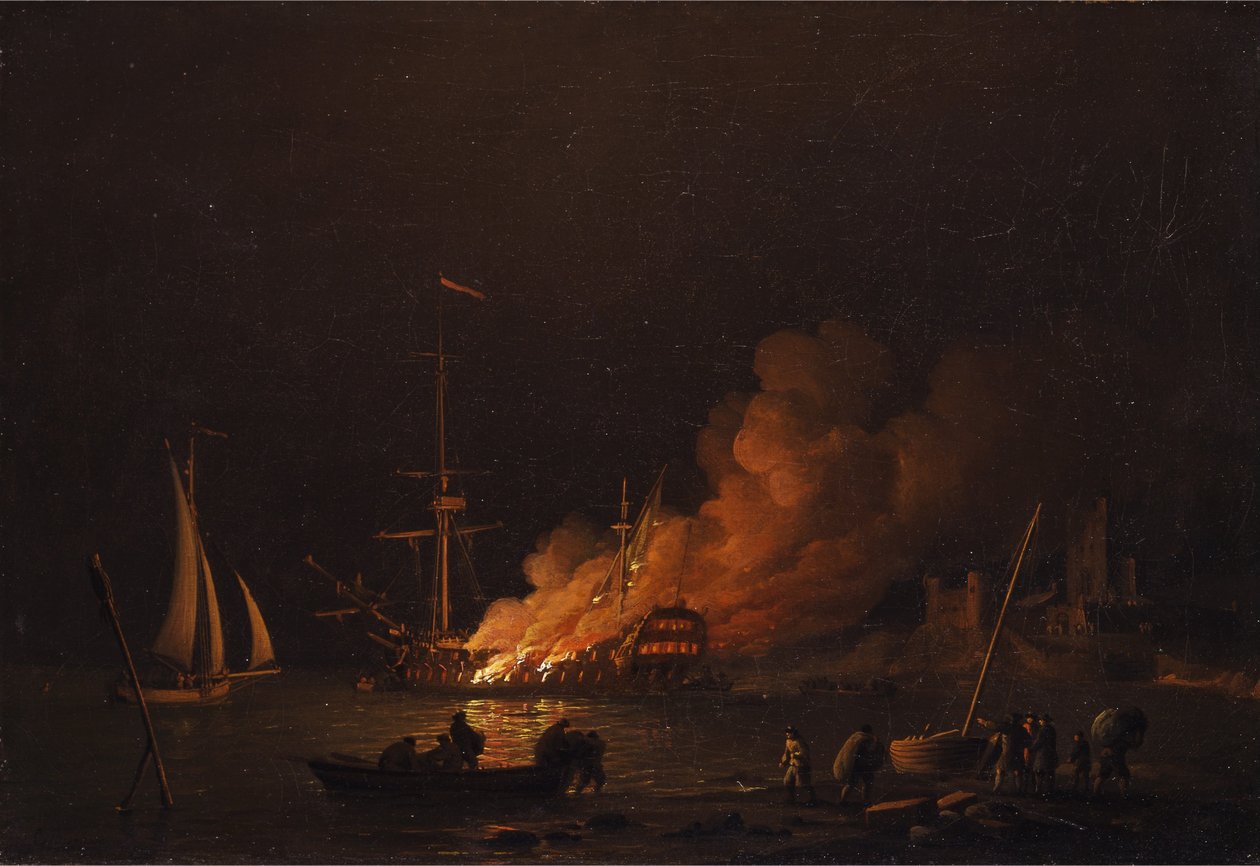 Navio em chamas à noite de Charles Brooking