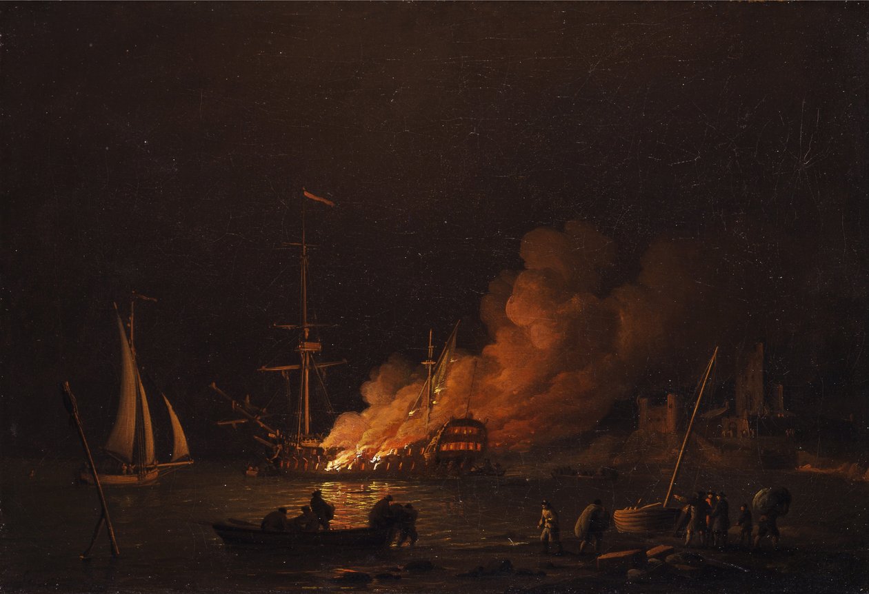 Navio em chamas à noite, ca 1756 de Charles Brooking