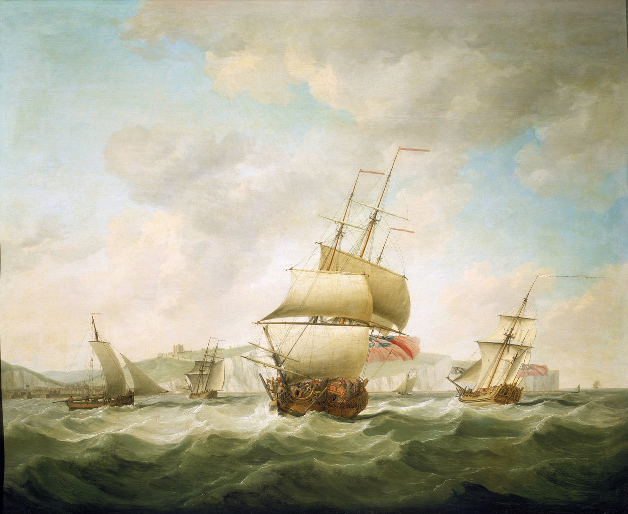 Navio comercial e iate real batidos pelo vento, ao largo da costa de Dover (Inglaterra). Óleo sobre tela, cerca de 1750, de Charles Brooking (1723-1759). de Charles Brooking