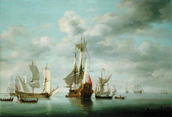 Navios de Guerra Becalmed (óleo sobre painel) de Charles Brooking