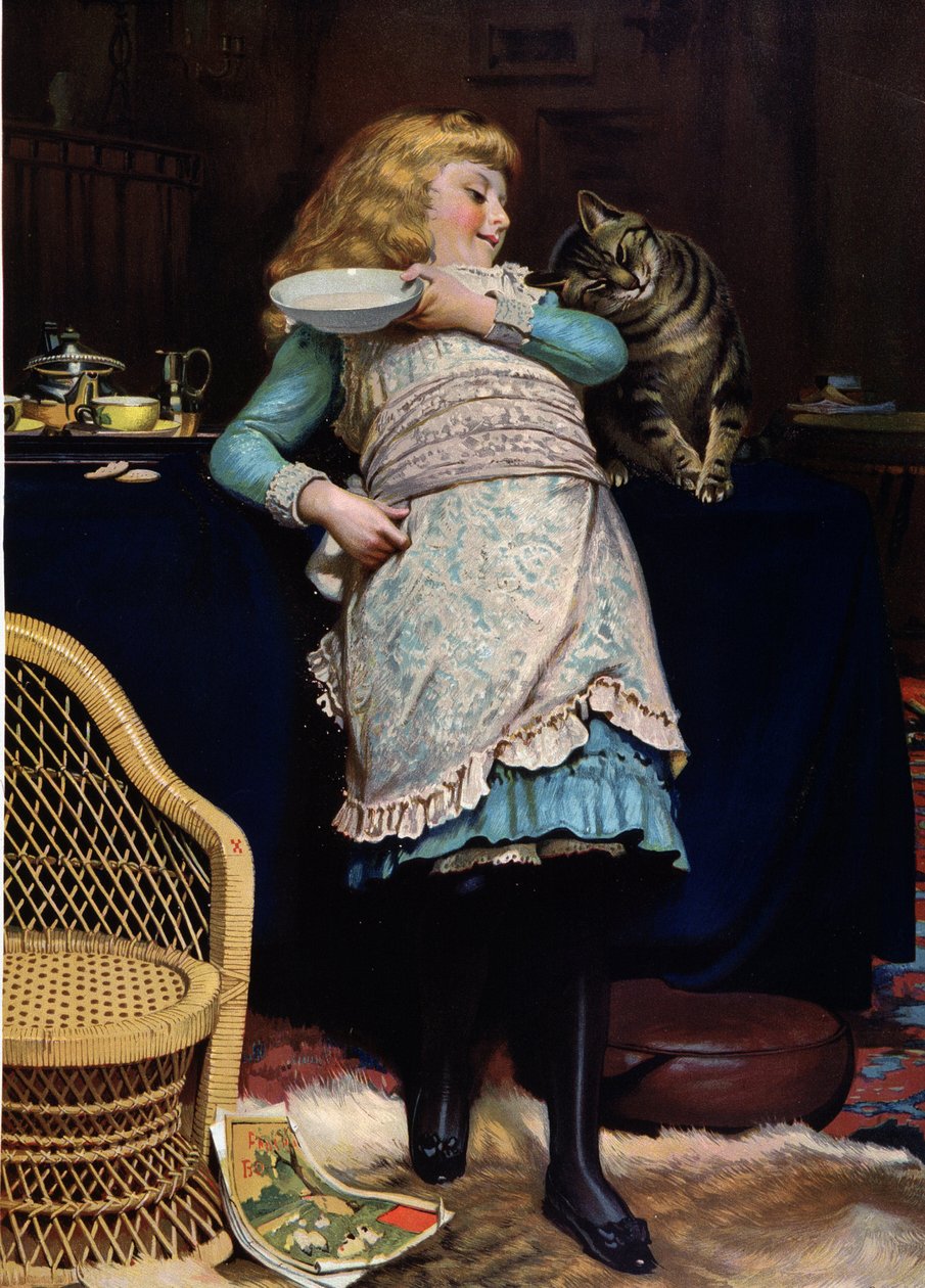 Criança com gato, de Burton Barber, chromo inglês de Charles Burton (after) Barber
