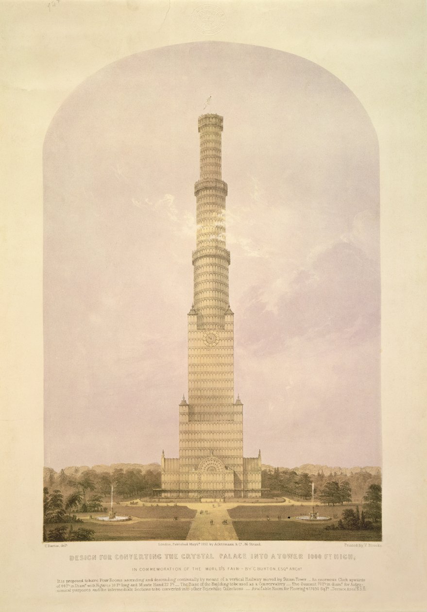 Projeto para converter o Crystal Palace em uma torre alta de 1000 pés, pub. por Ackermann und Co., 1852 de Charles Burton