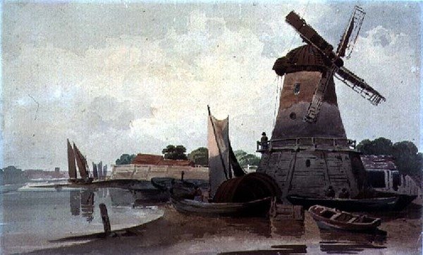 Vista no Tamisa, com moinho de vento e barcos de Charles Calvert