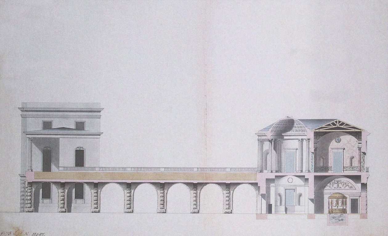 Secção Transversal do Pavilhão Ágata e Jardim Suspenso em Tsarskoye Selo, c.1780 (caneta e tinta com wc sobre papel) de Charles Cameron