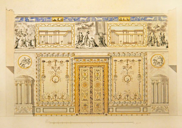 Elevação de um muro de portas, Lyons Drawing-Room, Palácio Catherine no Tsarskoye Selo, início da década de 1780 (caneta, pincel, tinta indígena e aquarela sobre papel) de Charles Cameron