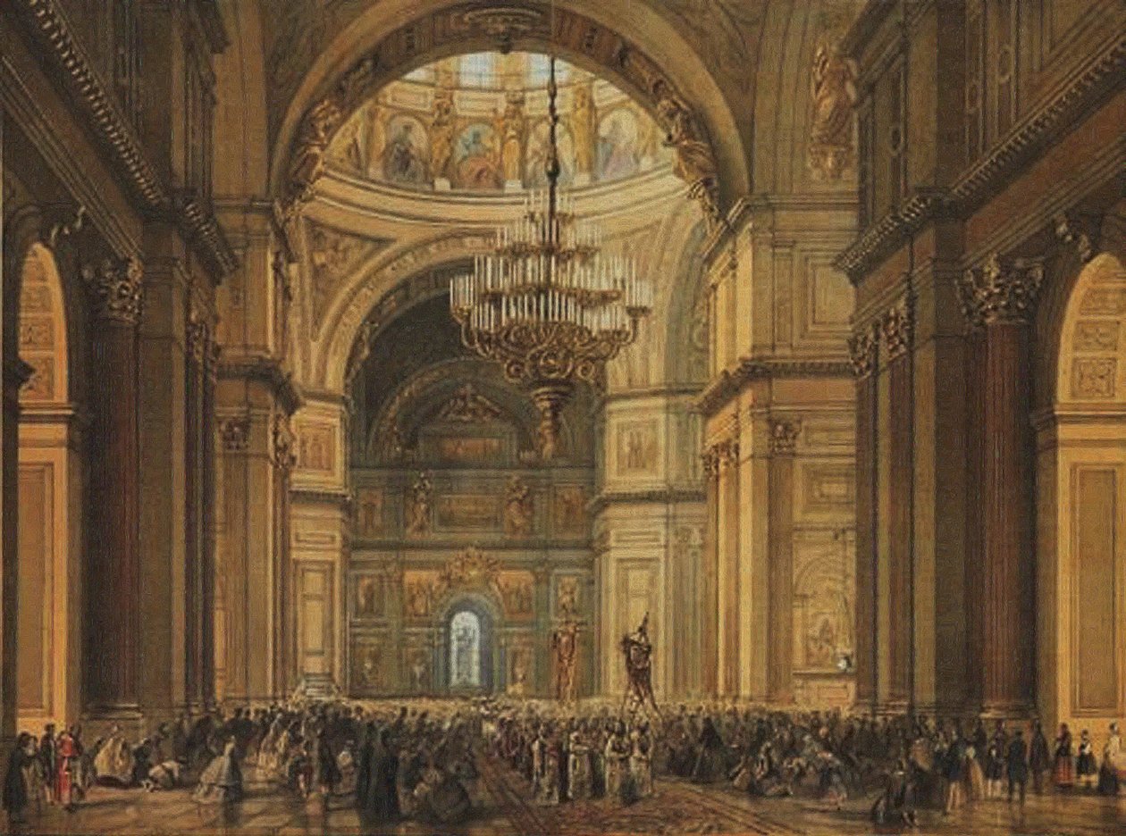 Serviço de igreja na Catedral de Santo Isaacs em São Petersburgo, década de 1850 de Charles Claude Bachelier