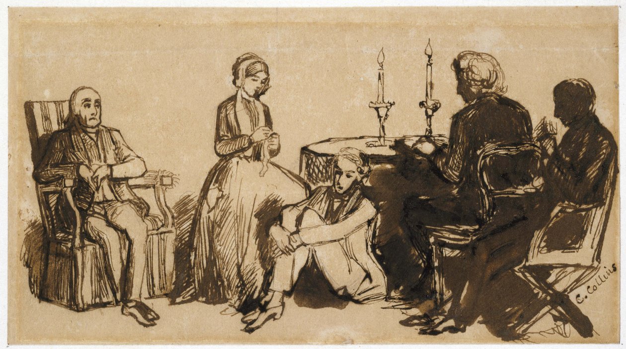 Uma noite na casa dos Combes, 1850-51 (caneta e tinta marrom sobre papel marrom claro) de Charles Collins