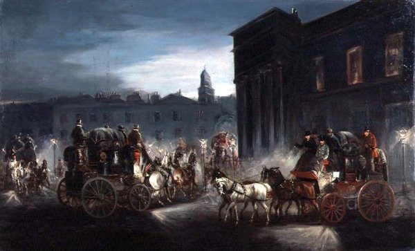 O Técnico de Correio de Edimburgo e outros treinadores em uma rua lamplit (petróleo) de Charles Cooper Henderson