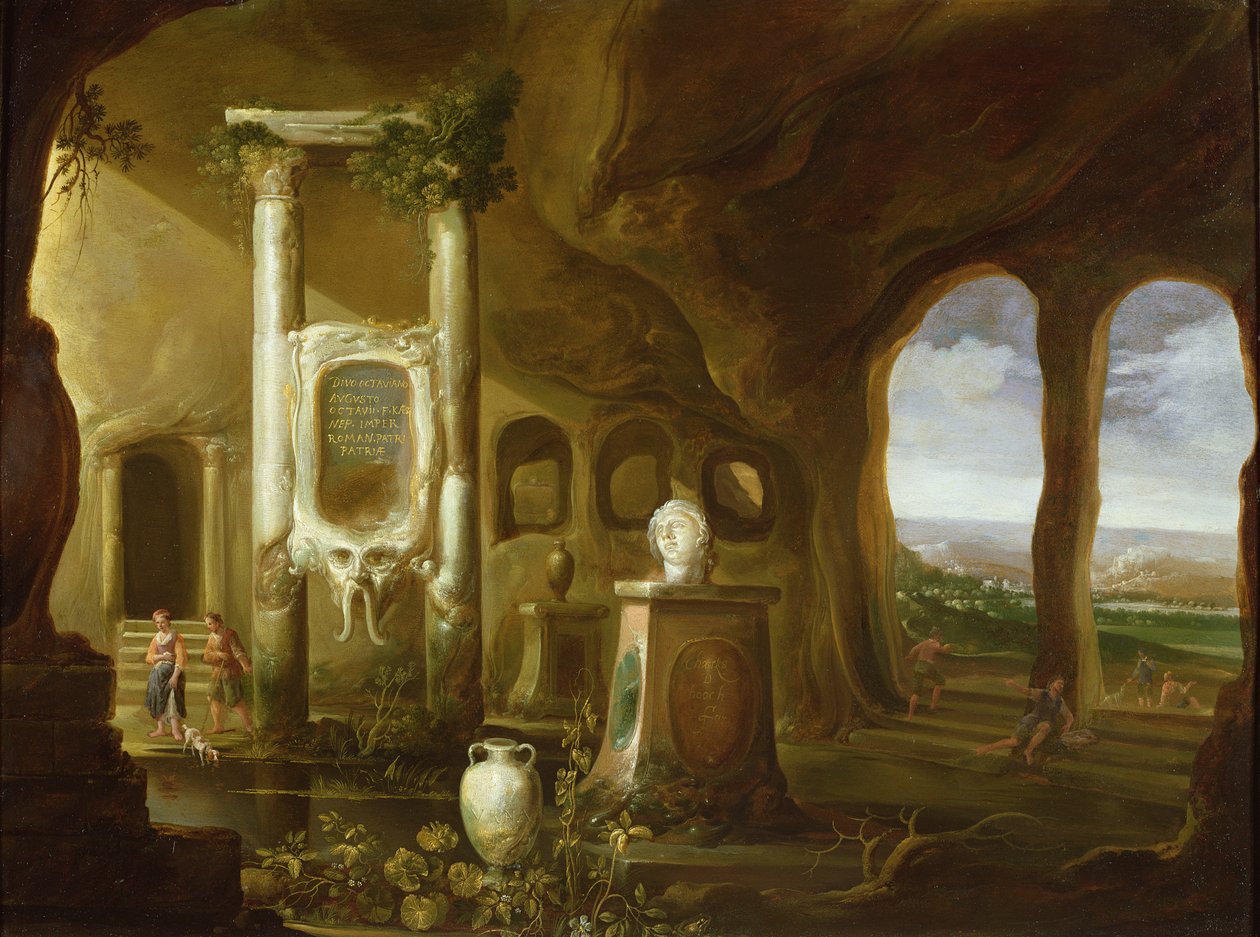 Um, monumento, para, augustus, em, um, gruta, com, figuras, 17o século de Charles Cornelisz de Hooch