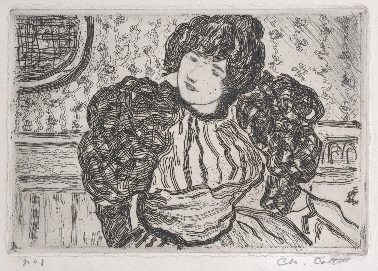 Mulher com um vestido de mangas bufantes de Charles Cottet