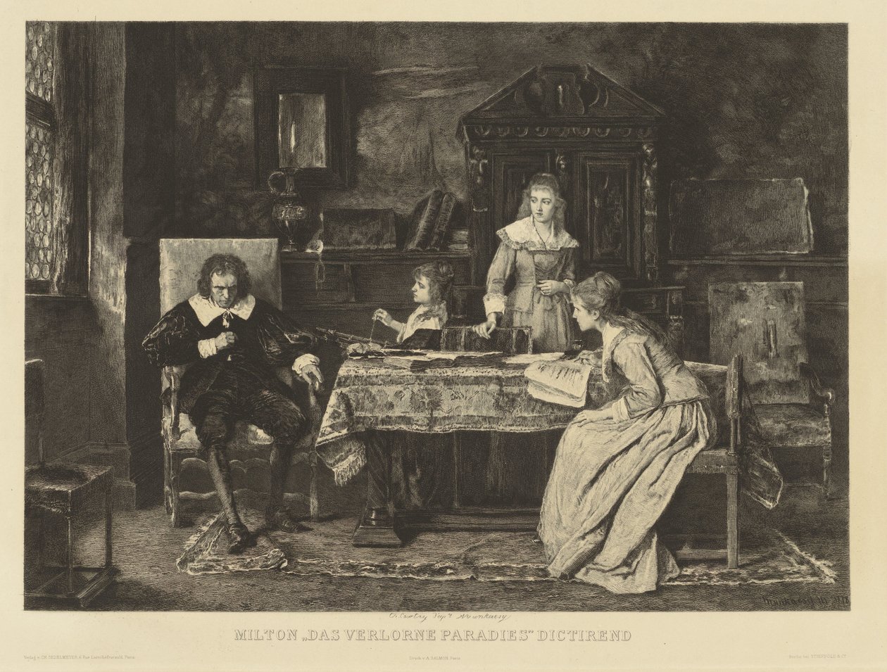 Milton, sentado em uma poltrona, dita seu paraíso perdido para uma de suas filhas. In den r.r.h. Munkacsy em 1878. Na margem: cap. Courty d