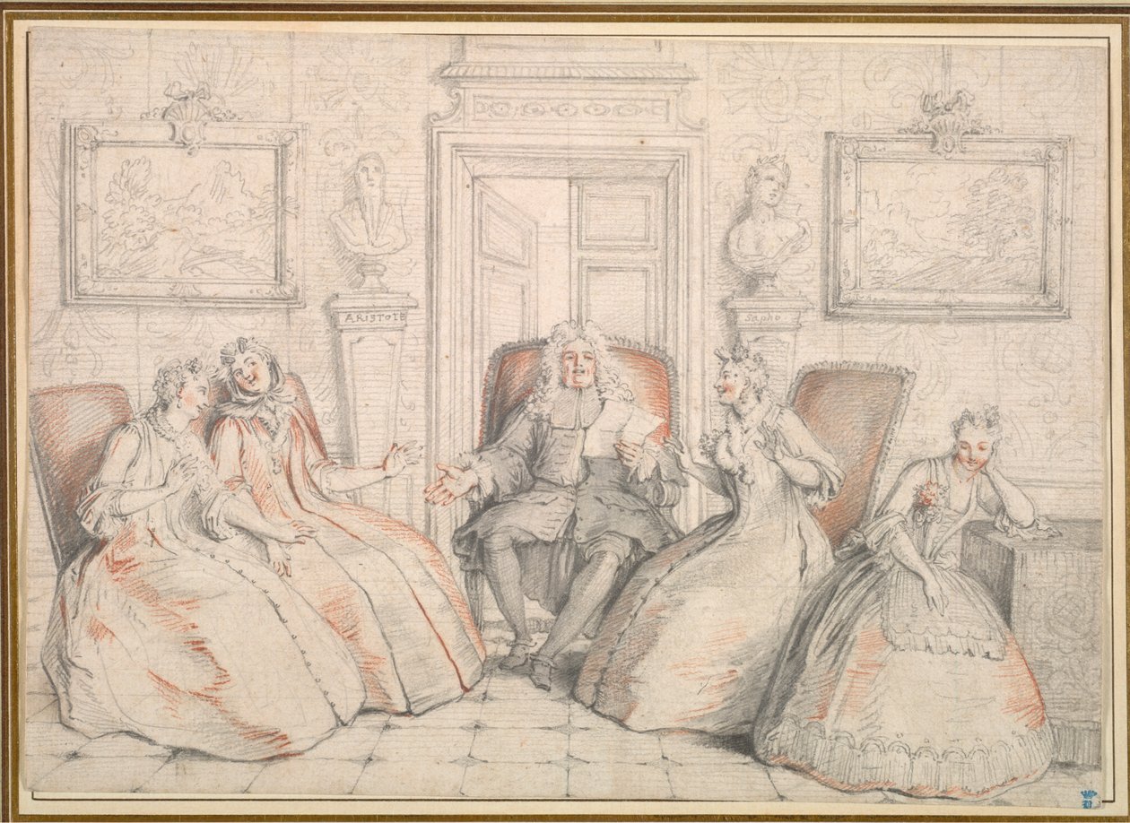Trissotin Reading to Philaminte, Bélise e Armande (do ato 3, cena 2 de "Les Femmes Savantes" de Molière de Charles Coypel
