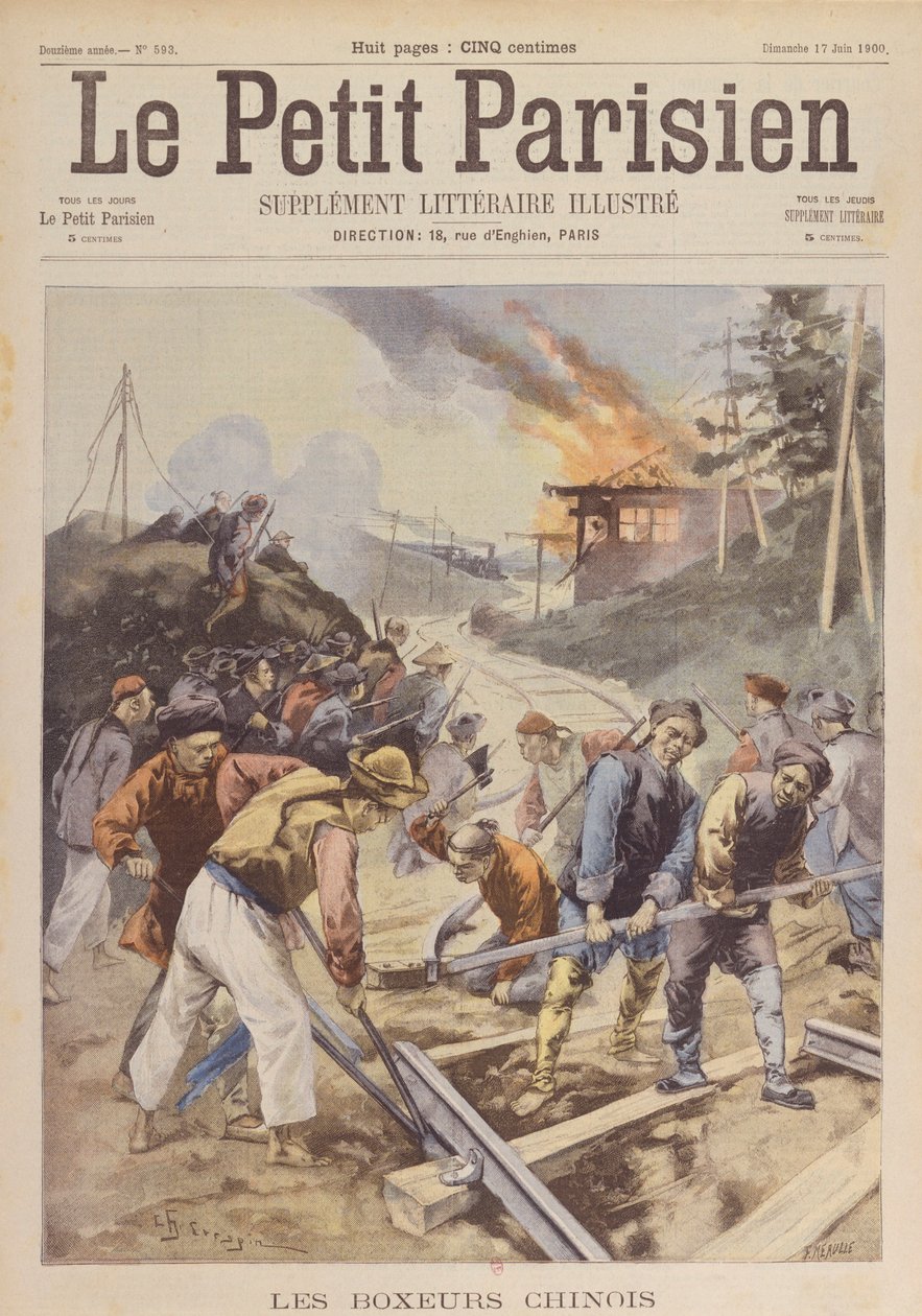 A Rebelião dos Boxers (1900-01), Os Boxers sabotam os caminhos-de-ferro, junho de 1900 (impressão) de Charles Crespin