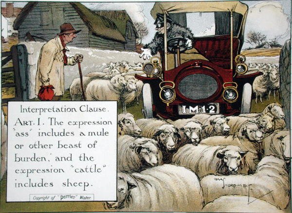 Cláusula de Interpretação. Arte. 1. A expressão "asno" inclui uma mula ou outro animal de carga, e a expressão "gado" inclui ovelhas, de um livro de regras da estrada, publicado c.1905 (cor litho) de Charles Crombie