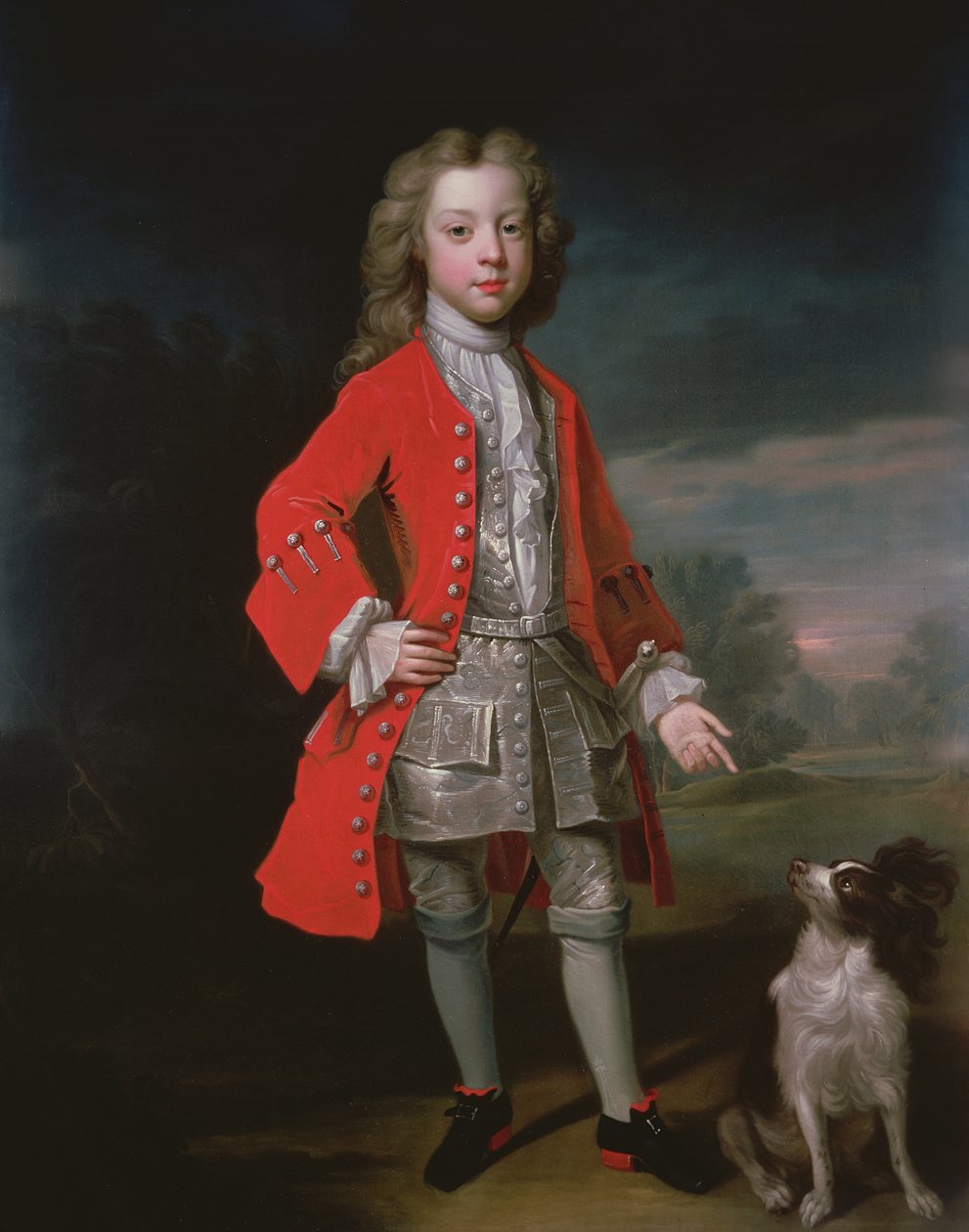 Retrato, de, um, menino, desgastar, um, casaco vermelho, com, seu, spaniel de Charles DAgar